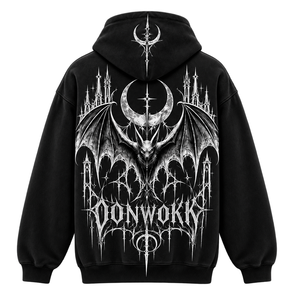 Back of the OONWOKK 002 black hoodie showing the gothic castle, bat and moon artwork