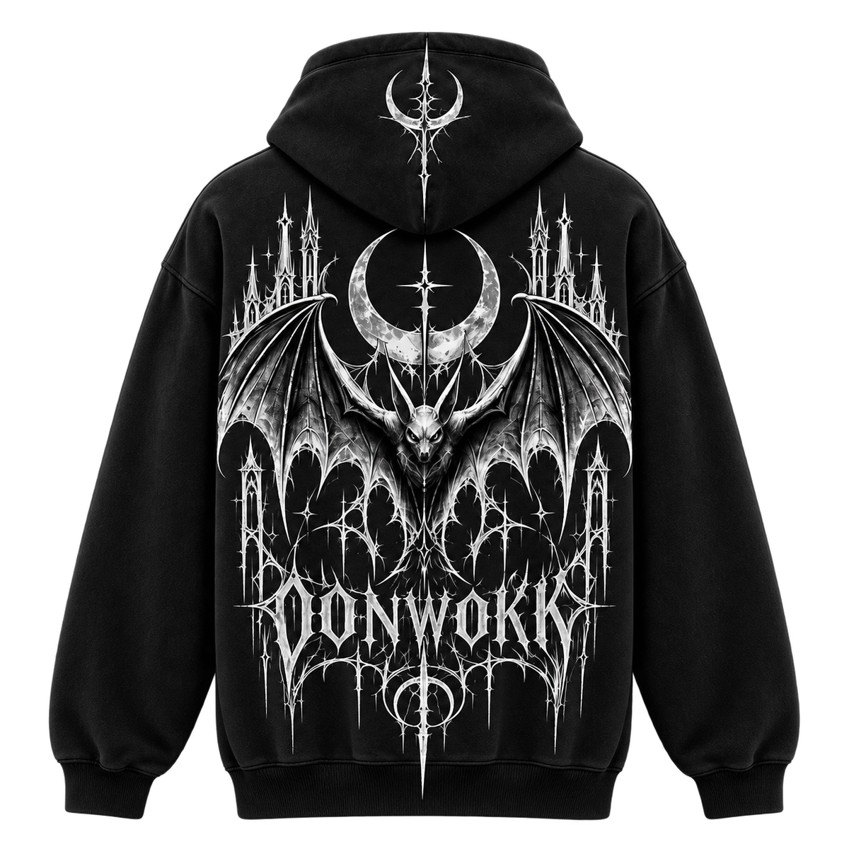 Back of the OONWOKK 002 black hoodie showing the gothic castle, bat and moon artwork