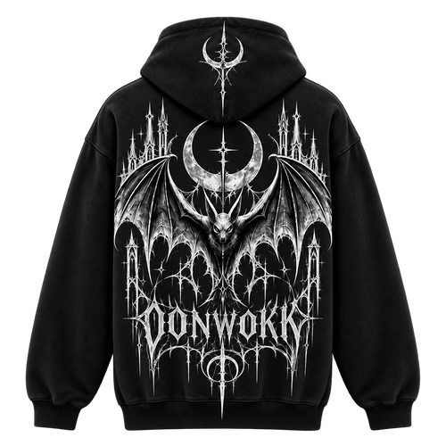 Back of the OONWOKK 002 black hoodie showing the gothic castle, bat and moon artwork