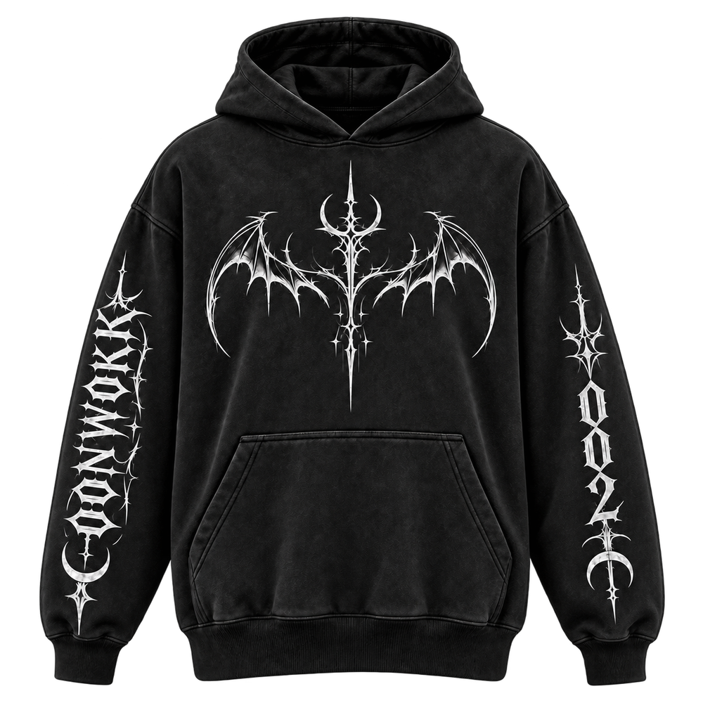 Front of the OONWOKK 002 black hoodie with silver bat and crescent artwork