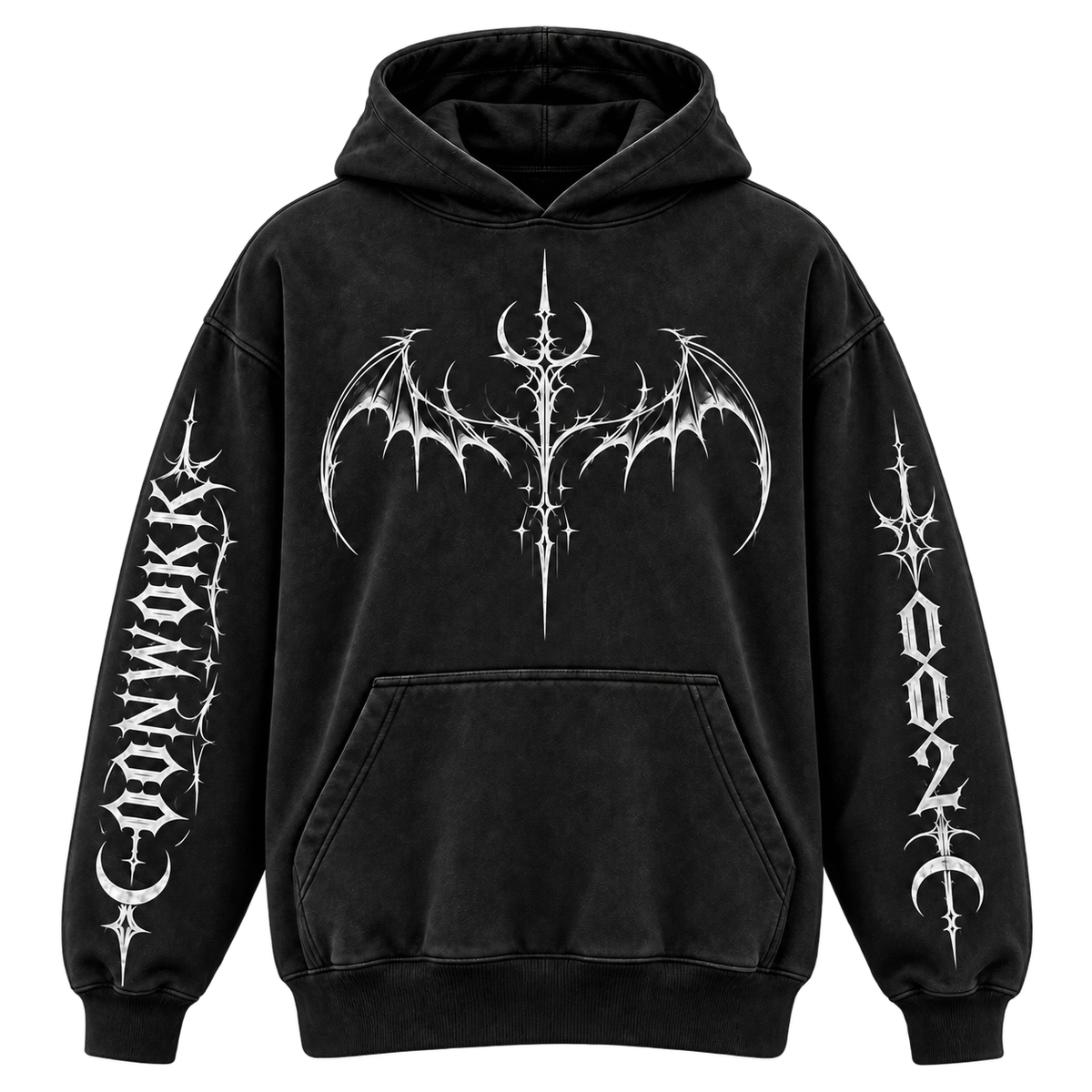 Front of the OONWOKK 002 black hoodie with silver bat and crescent artwork