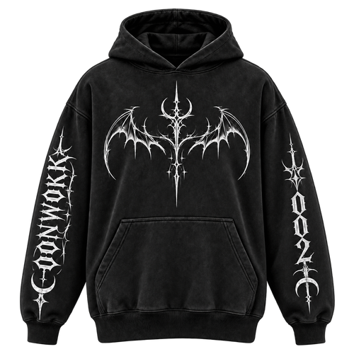 Front of the OONWOKK 002 black hoodie with silver bat and crescent artwork
