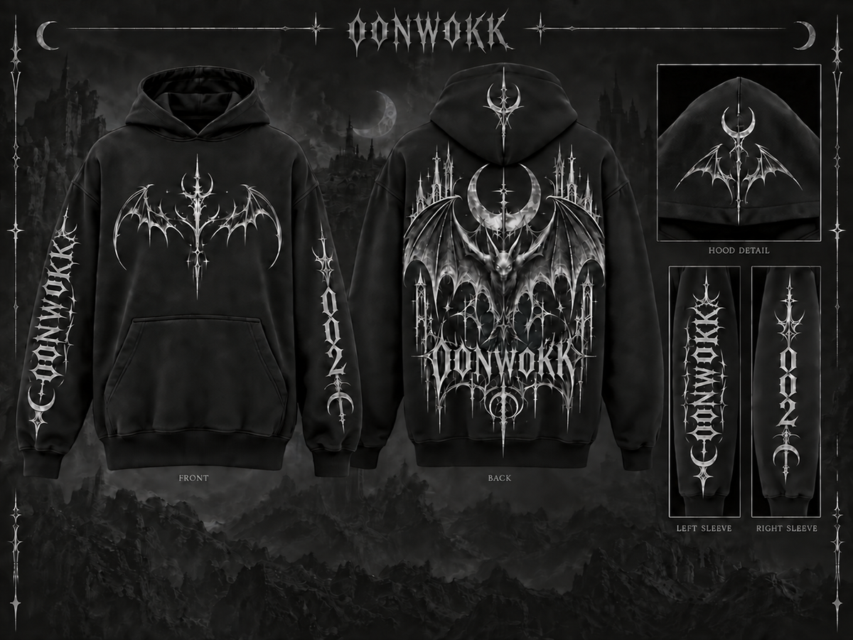 OONWOKK 002 black hoodie from the front and back with hood and sleeve details