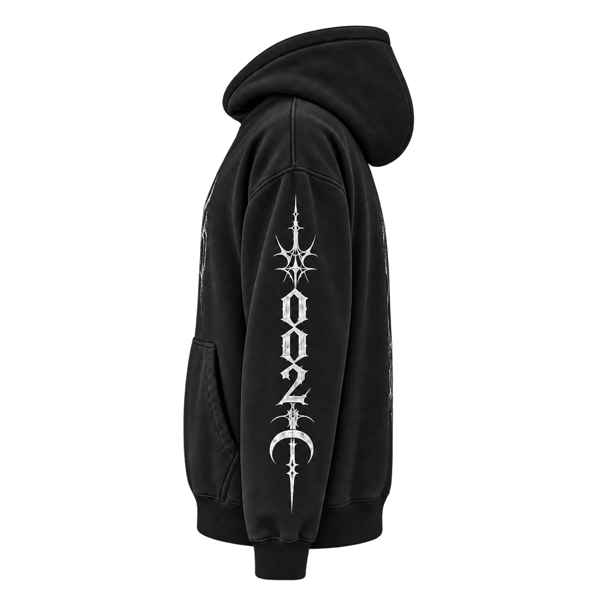 Left side of the OONWOKK 002 black hoodie showing the sleeve graphics