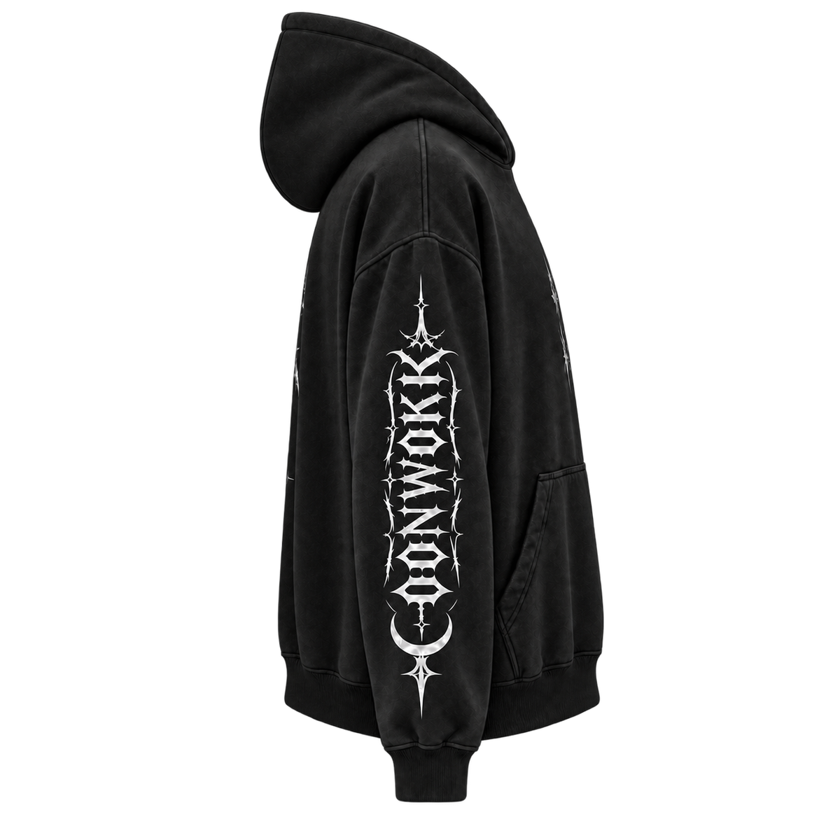 Right side of the OONWOKK 002 black hoodie showing the 002 sleeve graphics