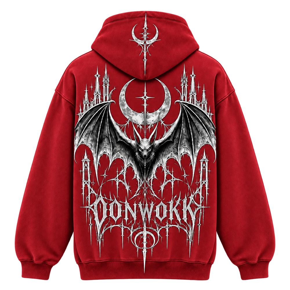 Back of the OONWOKK 002 red hoodie showing the gothic castle, bat and moon artwork