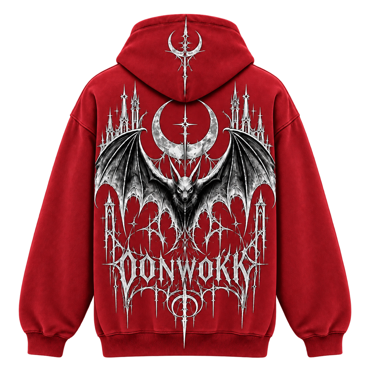 Back of the OONWOKK 002 red hoodie showing the gothic castle, bat and moon artwork
