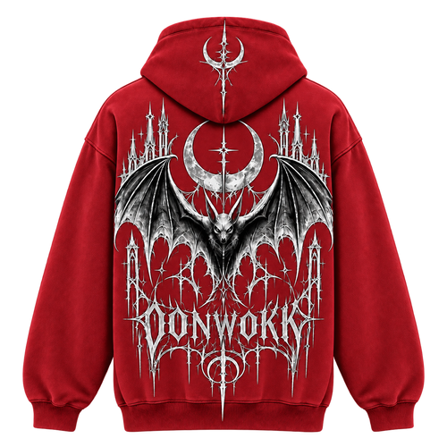 Back of the OONWOKK 002 red hoodie showing the gothic castle, bat and moon artwork