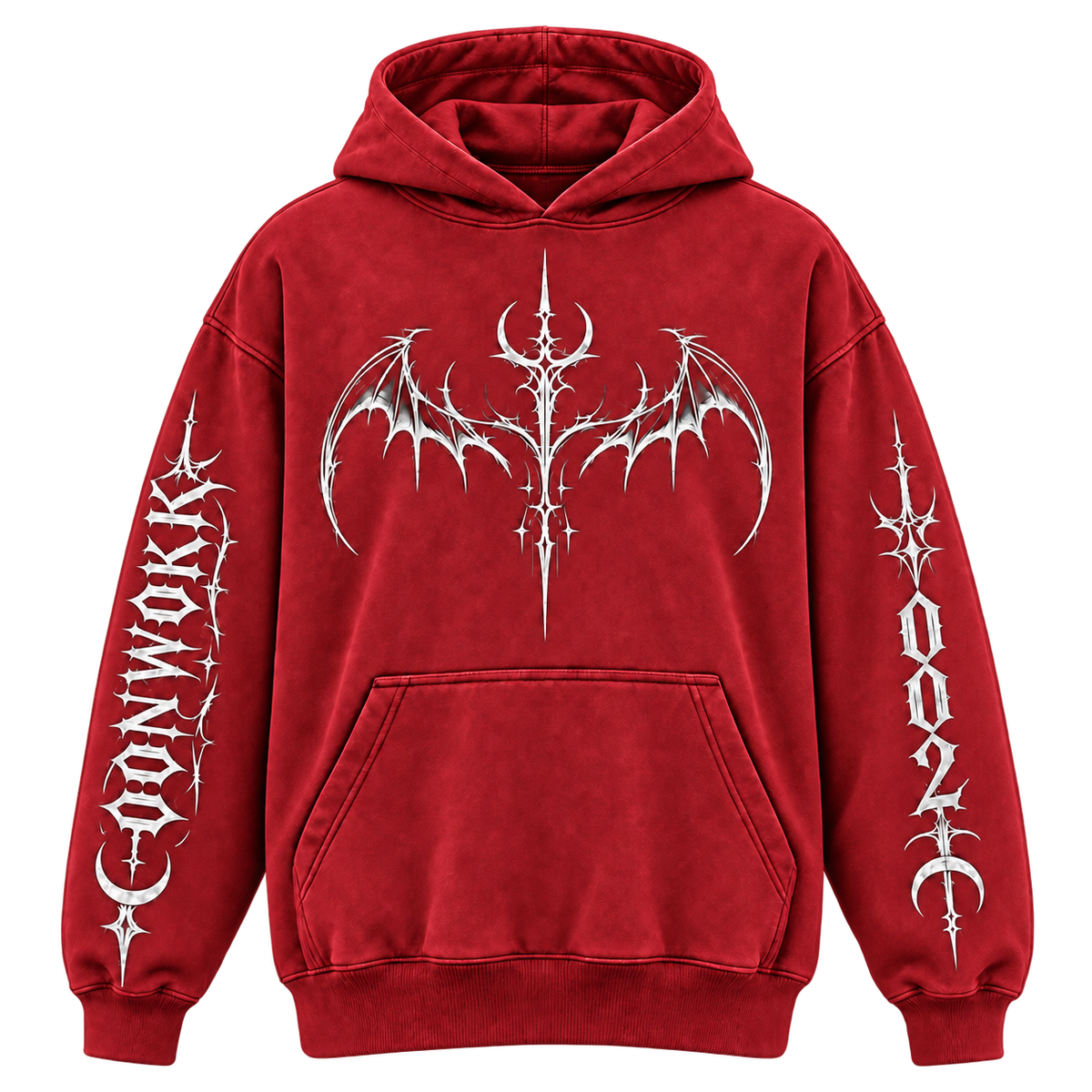 Front of the OONWOKK 002 red hoodie with silver bat and crescent artwork