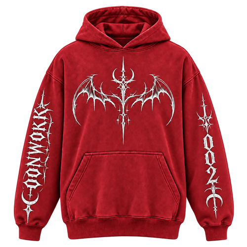 Front of the OONWOKK 002 red hoodie with silver bat and crescent artwork