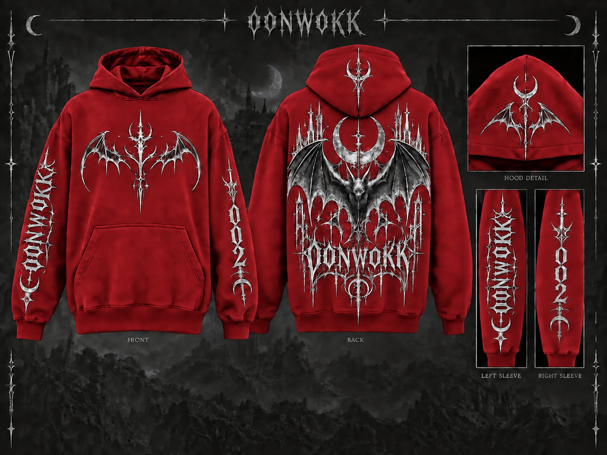 OONWOKK 002 red hoodie from the front and back with hood and sleeve details