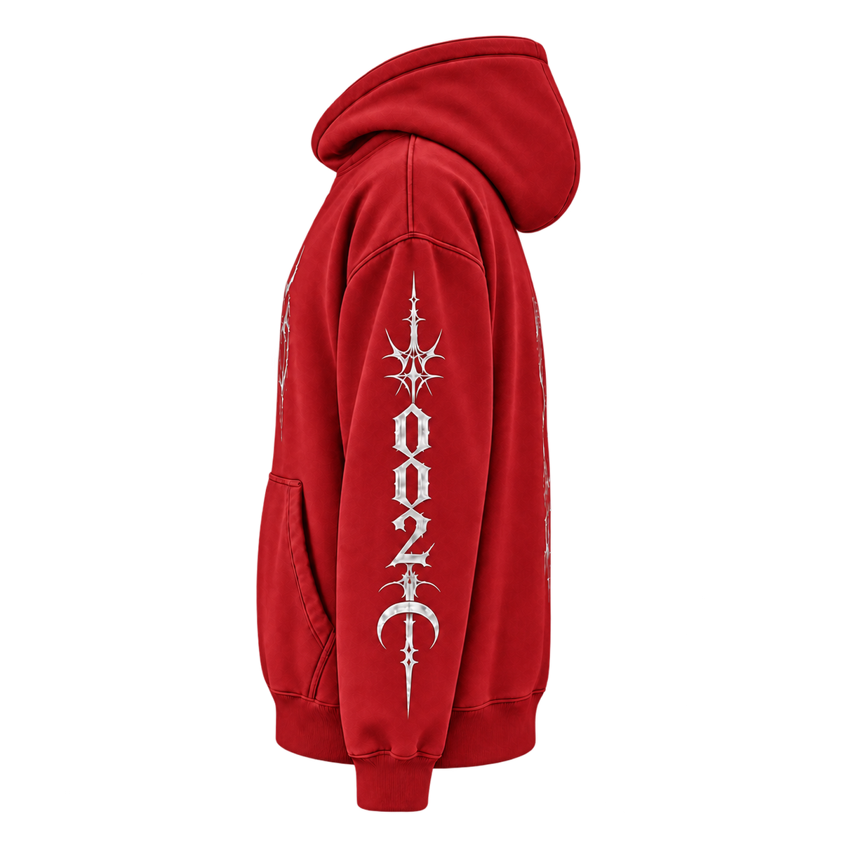 Left side of the OONWOKK 002 red hoodie showing the sleeve graphics