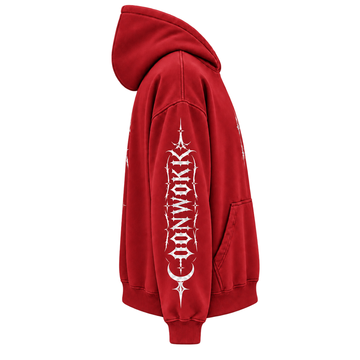 Right side of the OONWOKK 002 red hoodie showing the 002 sleeve graphics